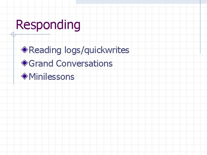 Responding Reading logs/quickwrites Grand Conversations Minilessons 