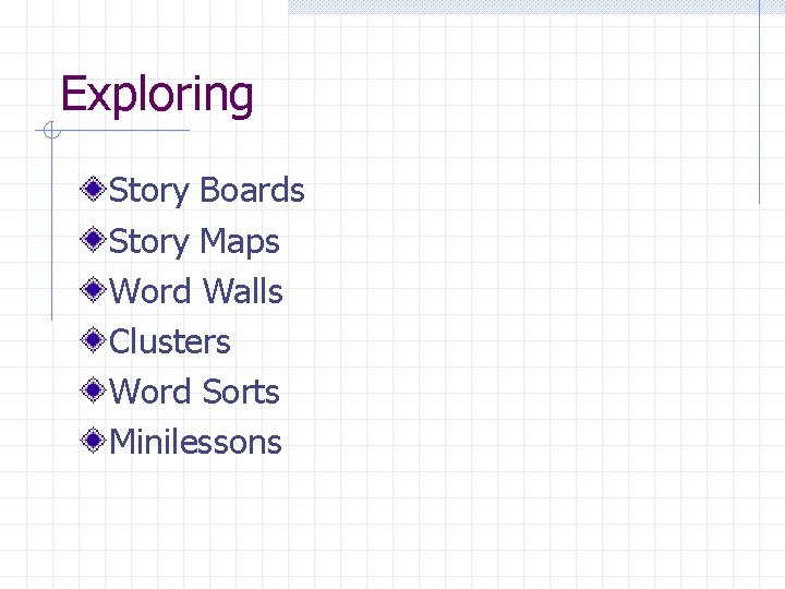 Exploring Story Boards Story Maps Word Walls Clusters Word Sorts Minilessons 
