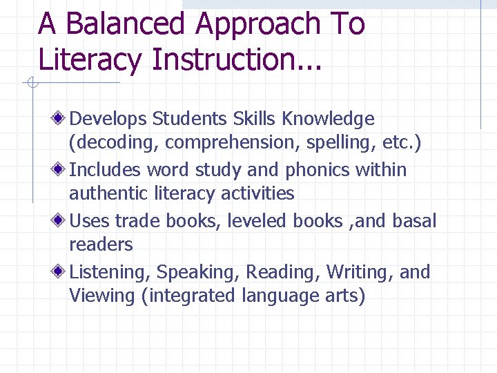 A Balanced Approach To Literacy Instruction. . . Develops Students Skills Knowledge (decoding, comprehension,