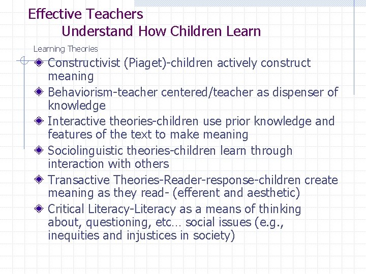 Effective Teachers Understand How Children Learning Theories Constructivist (Piaget)-children actively construct meaning Behaviorism-teacher centered/teacher