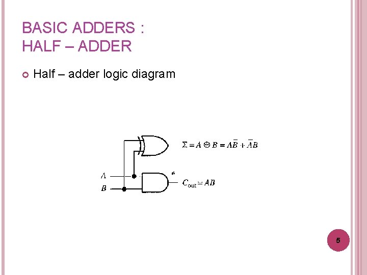 BASIC ADDERS : HALF – ADDER Half – adder logic diagram 5 BASIC ADDERS : HALF – ADDER Half – adder logic diagram 5