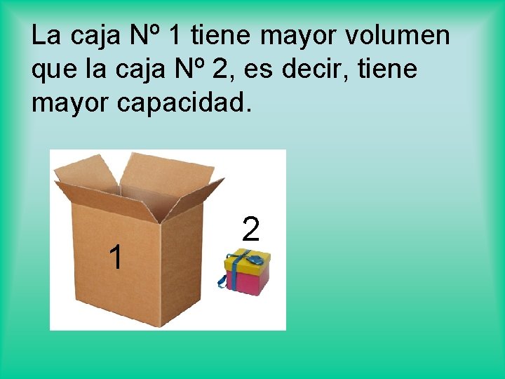 La caja Nº 1 tiene mayor volumen que la caja Nº 2, es decir,