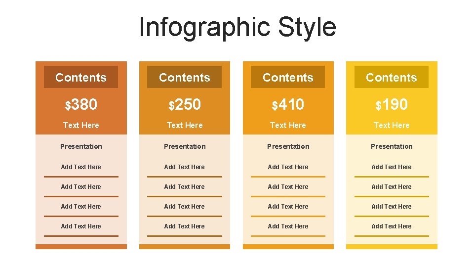 Infographic Style Contents $380 $250 $410 $190 Text Here Presentation Add Text Here Add