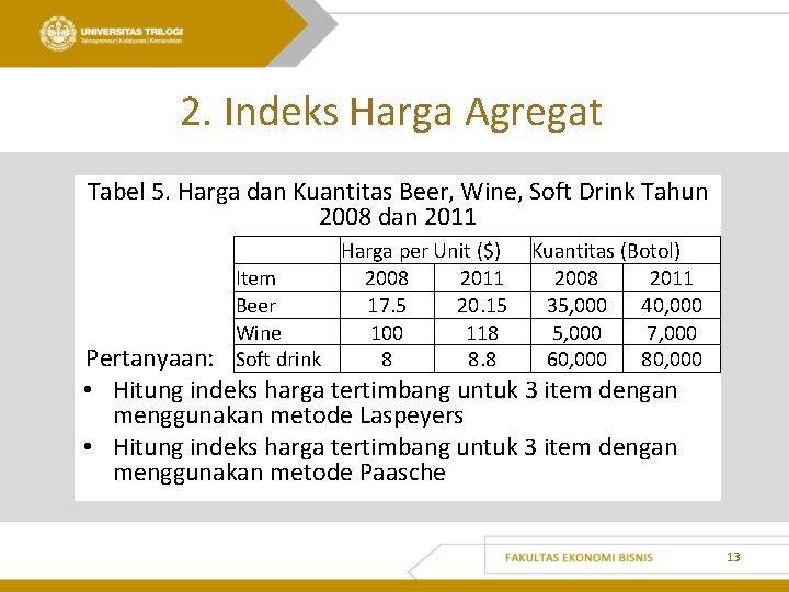 2. Indeks Harga Agregat Tabel 5. Harga dan Kuantitas Beer, Wine, Soft Drink Tahun