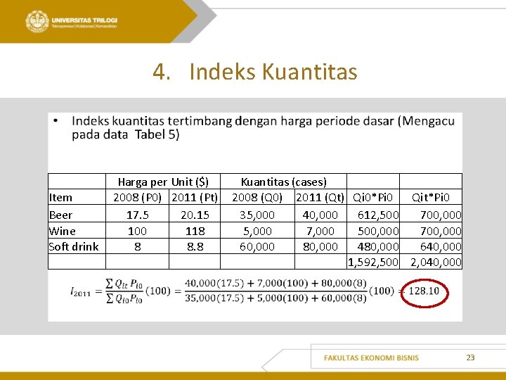 4. Indeks Kuantitas • Item Beer Wine Soft drink Harga per Unit ($) 2008