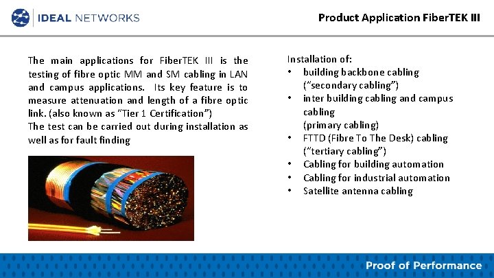 Product Application Fiber. TEK III The main applications for Fiber. TEK III is the