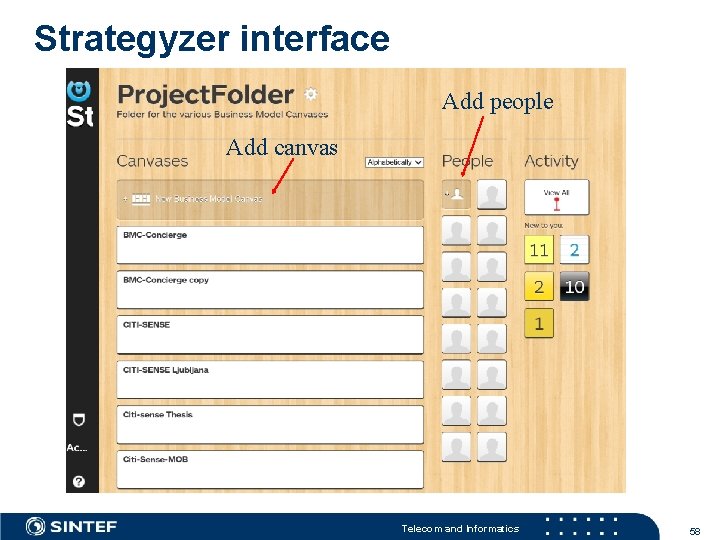 Strategyzer interface Add people Add canvas Telecom and Informatics 58 