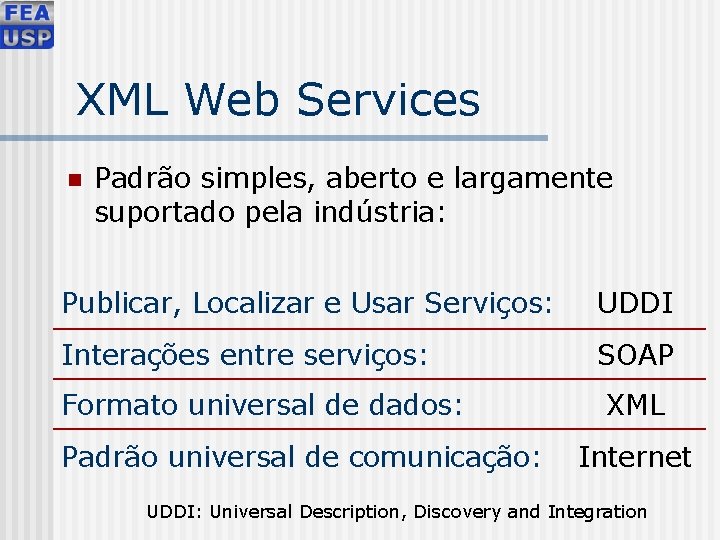 XML Web Services n Padrão simples, aberto e largamente suportado pela indústria: Publicar, Localizar