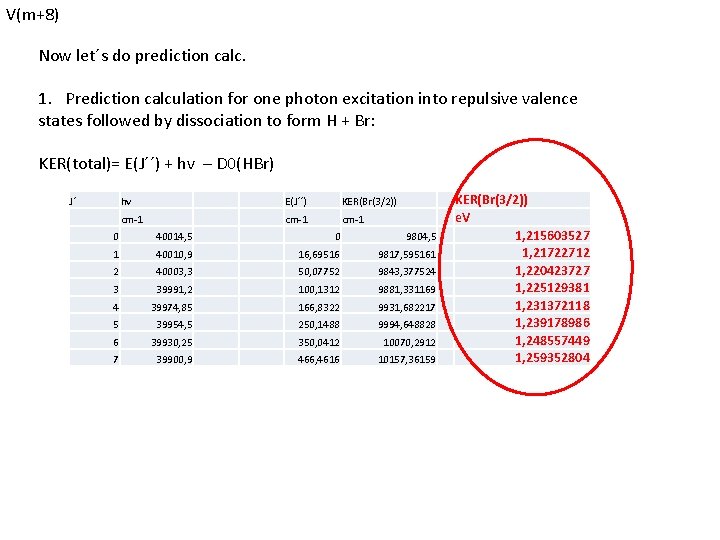 V(m+8) Now let´s do prediction calc. 1. Prediction calculation for one photon excitation into