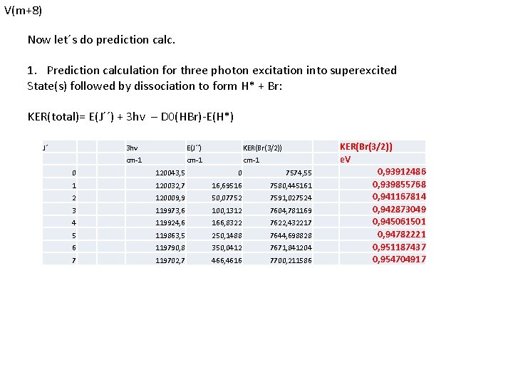 V(m+8) Now let´s do prediction calc. 1. Prediction calculation for three photon excitation into