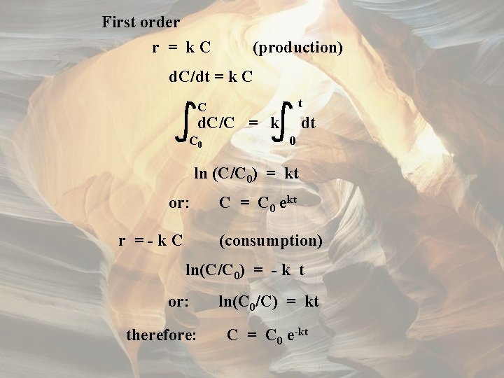First order r = k. C (production) d. C/dt = k C t C