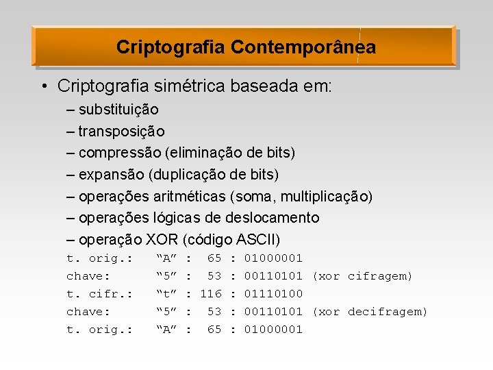 Criptografia Contemporânea • Criptografia simétrica baseada em: – substituição – transposição – compressão (eliminação