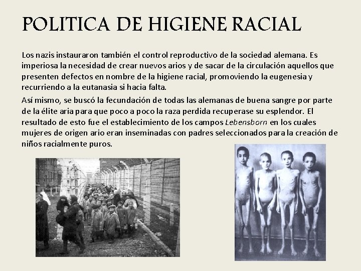 POLITICA DE HIGIENE RACIAL Los nazis instauraron también el control reproductivo de la sociedad