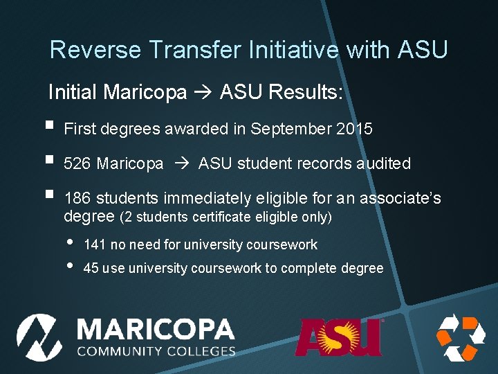 Reverse Transfer Initiative with ASU Initial Maricopa ASU Results: § First degrees awarded in