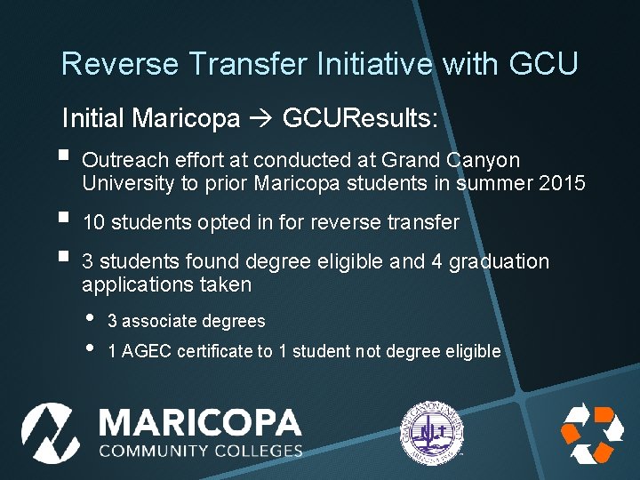 Reverse Transfer Initiative with GCU Initial Maricopa GCUResults: § Outreach effort at conducted at