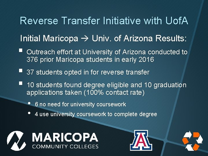 Reverse Transfer Initiative with Uof. A Initial Maricopa Univ. of Arizona Results: § Outreach