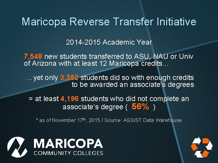 Maricopa Reverse Transfer Initiative 2014 -2015 Academic Year 7, 548 new students transferred to