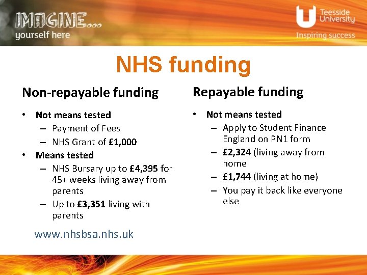 NHS funding Non-repayable funding Repayable funding • Not means tested – Payment of Fees