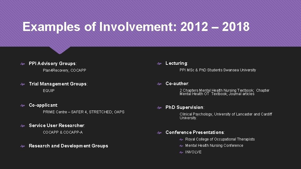 Examples of Involvement: 2012 – 2018 PPI Advisory Groups: Plan 4 Recovery, COCAPP Trial