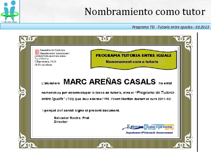 Nombramiento como tutor Programa TEI -Tutoría entre iguales - Ed. 2013 