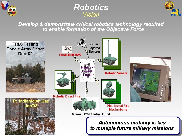 Robotics Vision Develop & demonstrate critical robotics technology required to enable formation of the