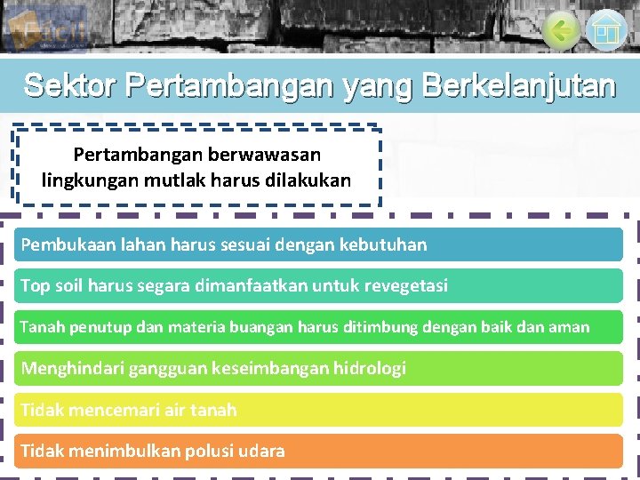 Sektor Pertambangan yang Berkelanjutan Pertambangan berwawasan lingkungan mutlak harus dilakukan Pembukaan lahan harus sesuai