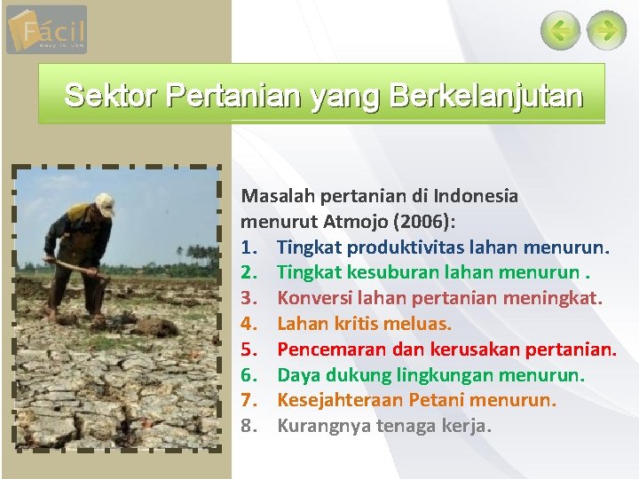 Sektor Pertanian yang Berkelanjutan Masalah pertanian di Indonesia menurut Atmojo (2006): 1. Tingkat produktivitas