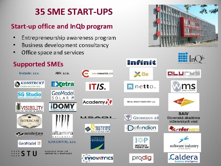 35 SME START-UPS Start-up office and In. Qb program • Entrepreneurship awareness program •