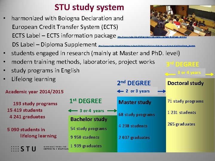 STU study system • harmonized with Bologna Declaration and European Credit Transfer System (ECTS)