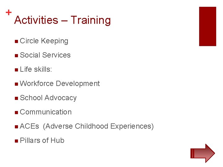 + Activities – Training n Circle Keeping n Social Services n Life skills: n