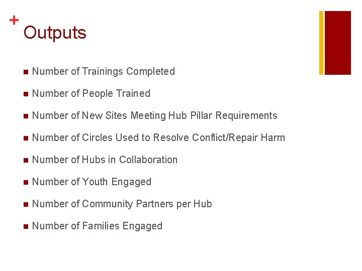 + Outputs n Number of Trainings Completed n Number of People Trained n Number