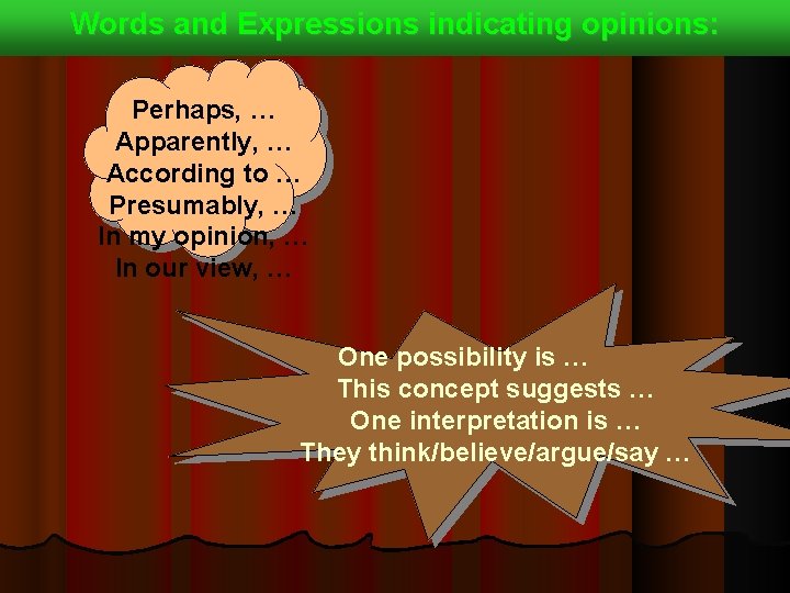 Words and Expressions indicating opinions: Perhaps, … Apparently, … According to … Presumably, …