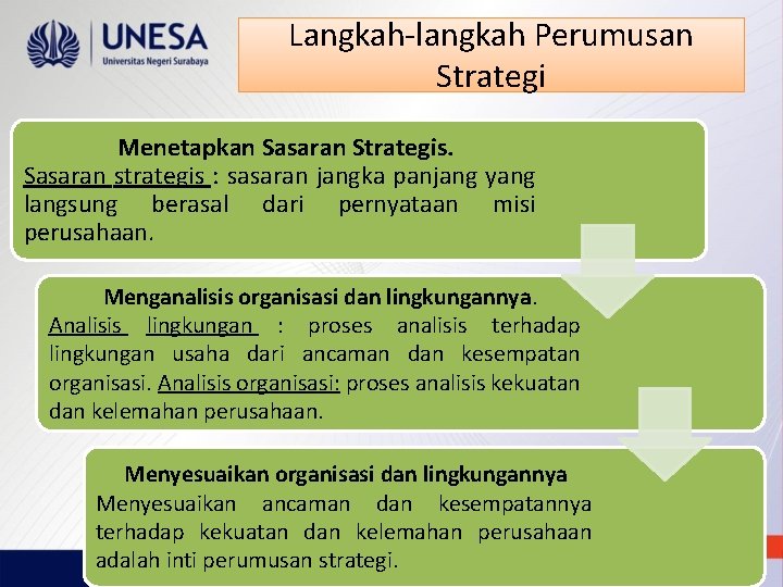 Langkah-langkah Perumusan Strategi Menetapkan Sasaran Strategis. Sasaran strategis : sasaran jangka panjang yang langsung