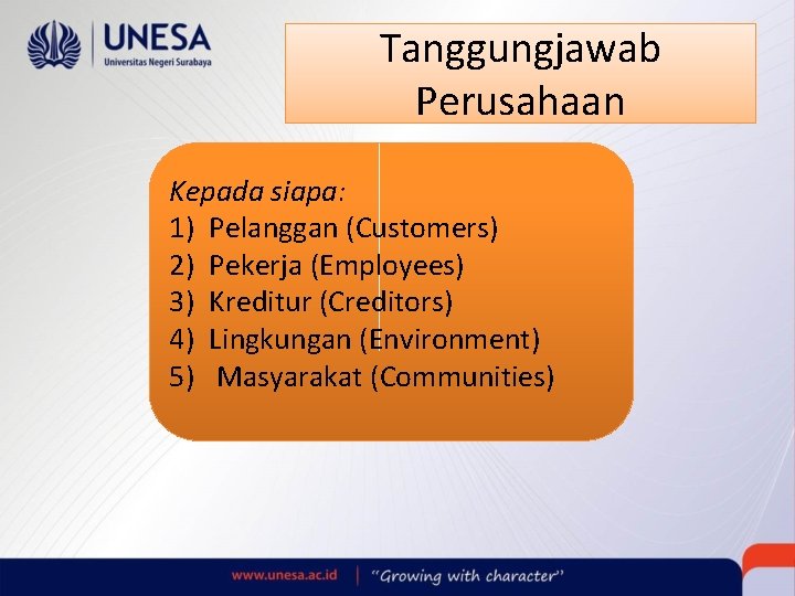 Tanggungjawab Perusahaan Kepada siapa: 1) Pelanggan (Customers) 2) Pekerja (Employees) 3) Kreditur (Creditors) 4)