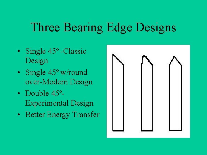 Three Bearing Edge Designs • Single 45º -Classic Design • Single 45º w/round over-Modern