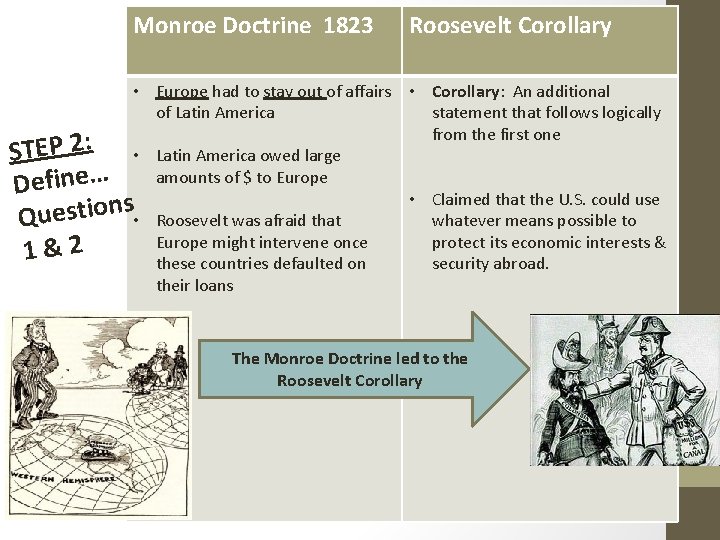 Monroe Doctrine 1823 Roosevelt Corollary • Europe had to stay out of affairs •