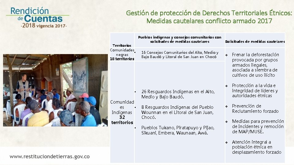 Gestión de protección de Derechos Territoriales Étnicos: Medidas cautelares conflicto armado 2017 Pueblos indígenas