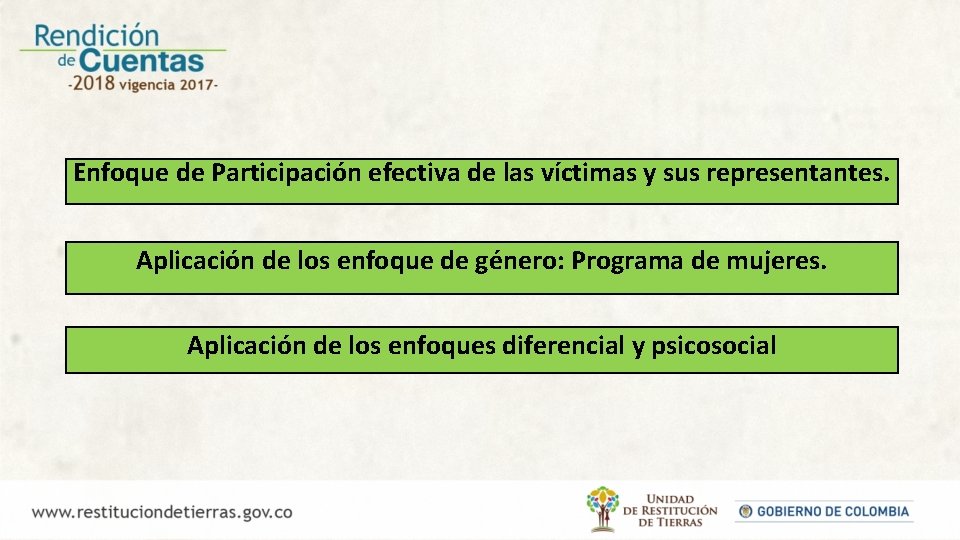 Enfoque de Participación efectiva de las víctimas y sus representantes. Aplicación de los enfoque