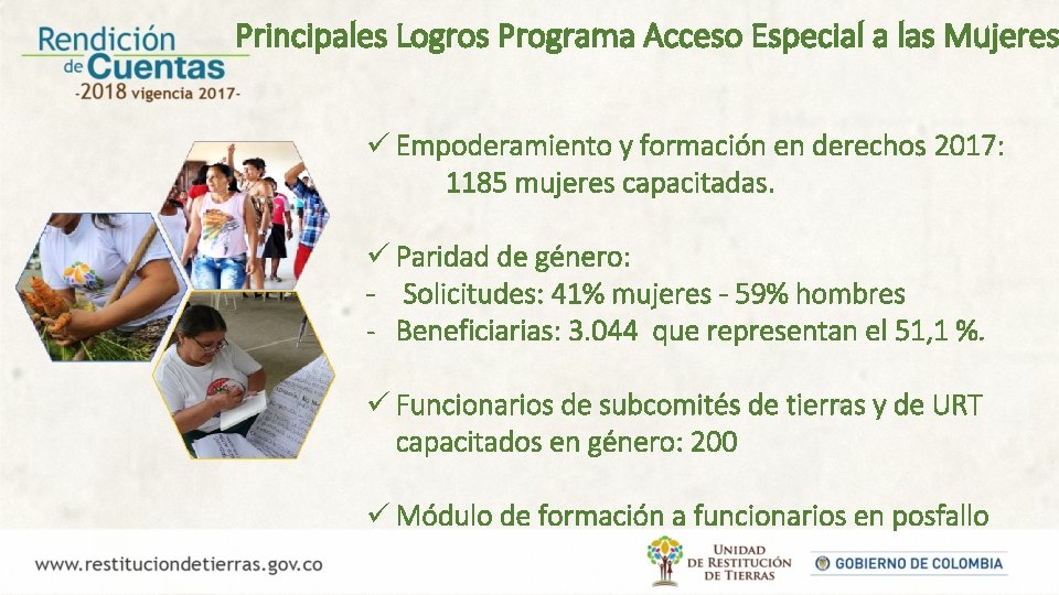 Principales Logros Programa Acceso Especial a las Mujeres ü Empoderamiento y formación en derechos