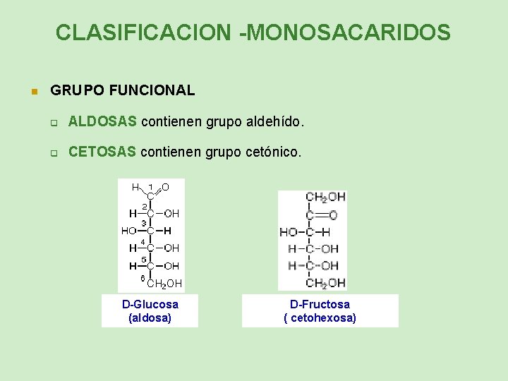 CLASIFICACION -MONOSACARIDOS n GRUPO FUNCIONAL q ALDOSAS contienen grupo aldehído. q CETOSAS contienen grupo