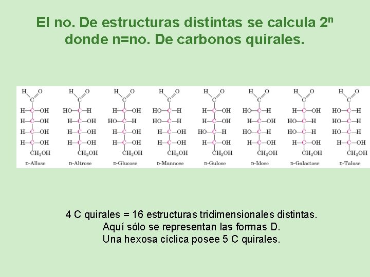 El no. De estructuras distintas se calcula 2 n donde n=no. De carbonos quirales.