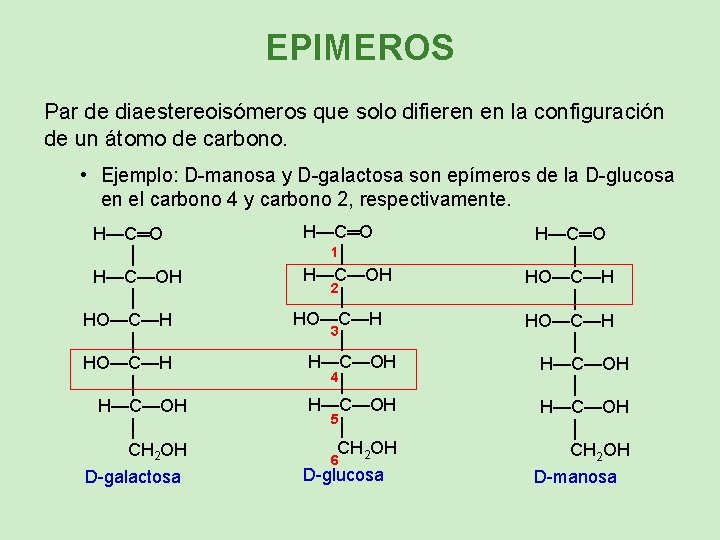 EPIMEROS Par de diaestereoisómeros que solo difieren en la configuración de un átomo de