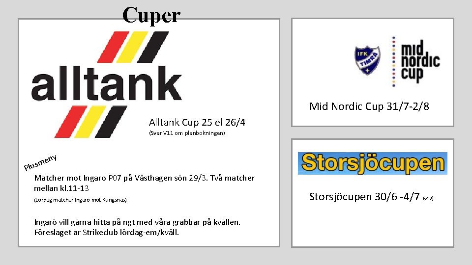 Cuper Mid Nordic Cup 31/7 -2/8 Alltank Cup 25 el 26/4 (Svar V 11