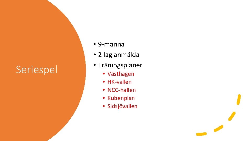 Seriespel • 9 -manna • 2 lag anmälda • Träningsplaner • • • Västhagen