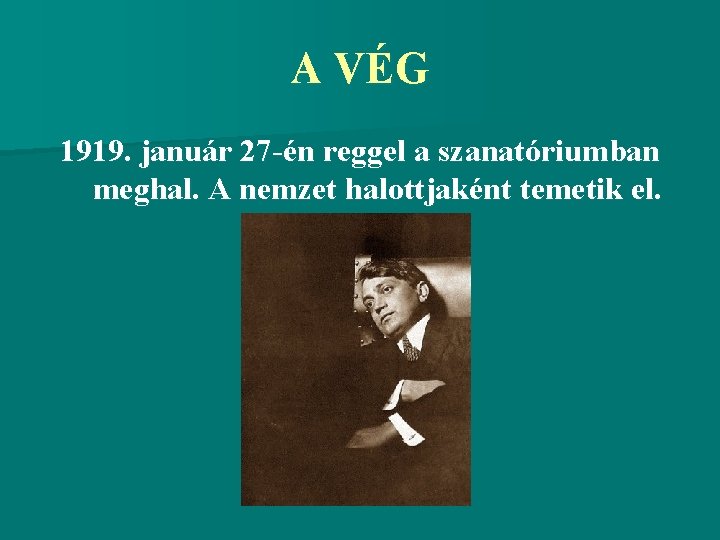 A VÉG 1919. január 27 -én reggel a szanatóriumban meghal. A nemzet halottjaként temetik