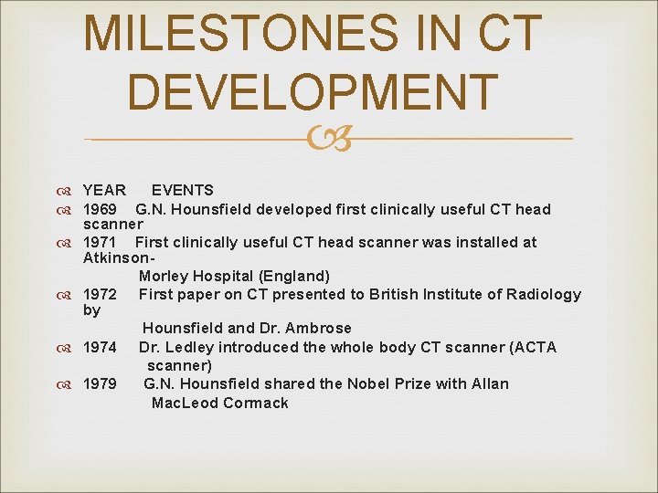MILESTONES IN CT DEVELOPMENT YEAR EVENTS 1969 G. N. Hounsfield developed first clinically useful