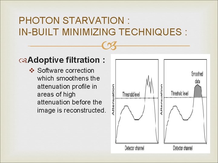 PHOTON STARVATION : IN-BUILT MINIMIZING TECHNIQUES : Adoptive filtration : v Software correction which