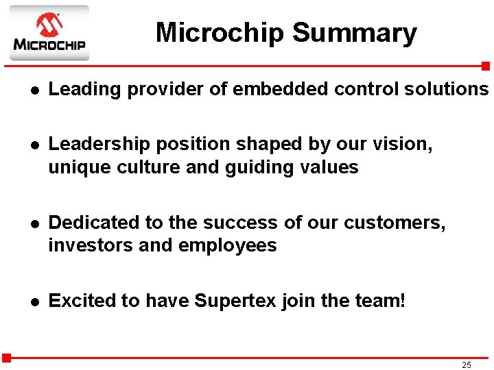 Microchip Summary l Leading provider of embedded control solutions l Leadership position shaped by