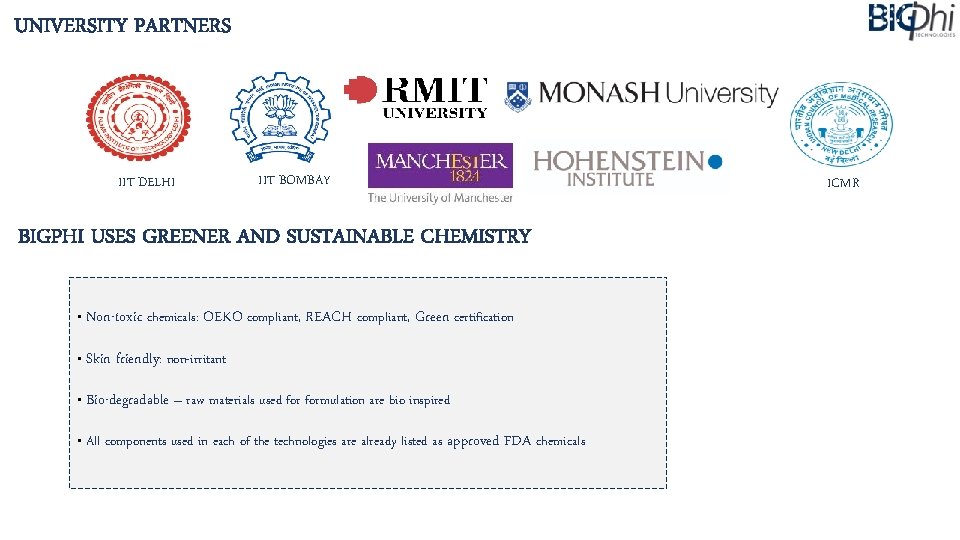 UNIVERSITY PARTNERS IIT DELHI IIT BOMBAY BIGPHI USES GREENER AND SUSTAINABLE CHEMISTRY • Non-toxic