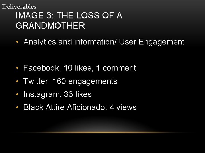 Deliverables IMAGE 3: THE LOSS OF A GRANDMOTHER • Analytics and information/ User Engagement